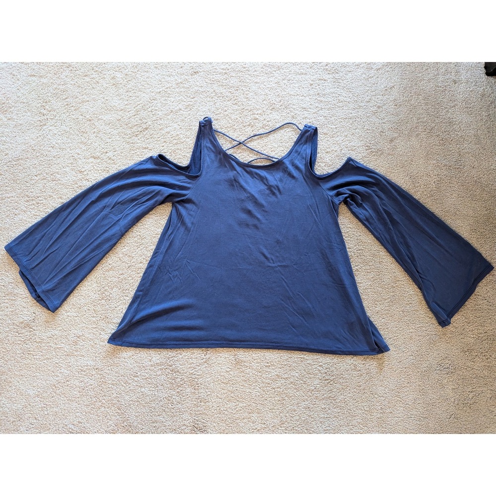Blue Cold Shoulder Bell Sleeve Top Strappy Lattice Back Blouse Large